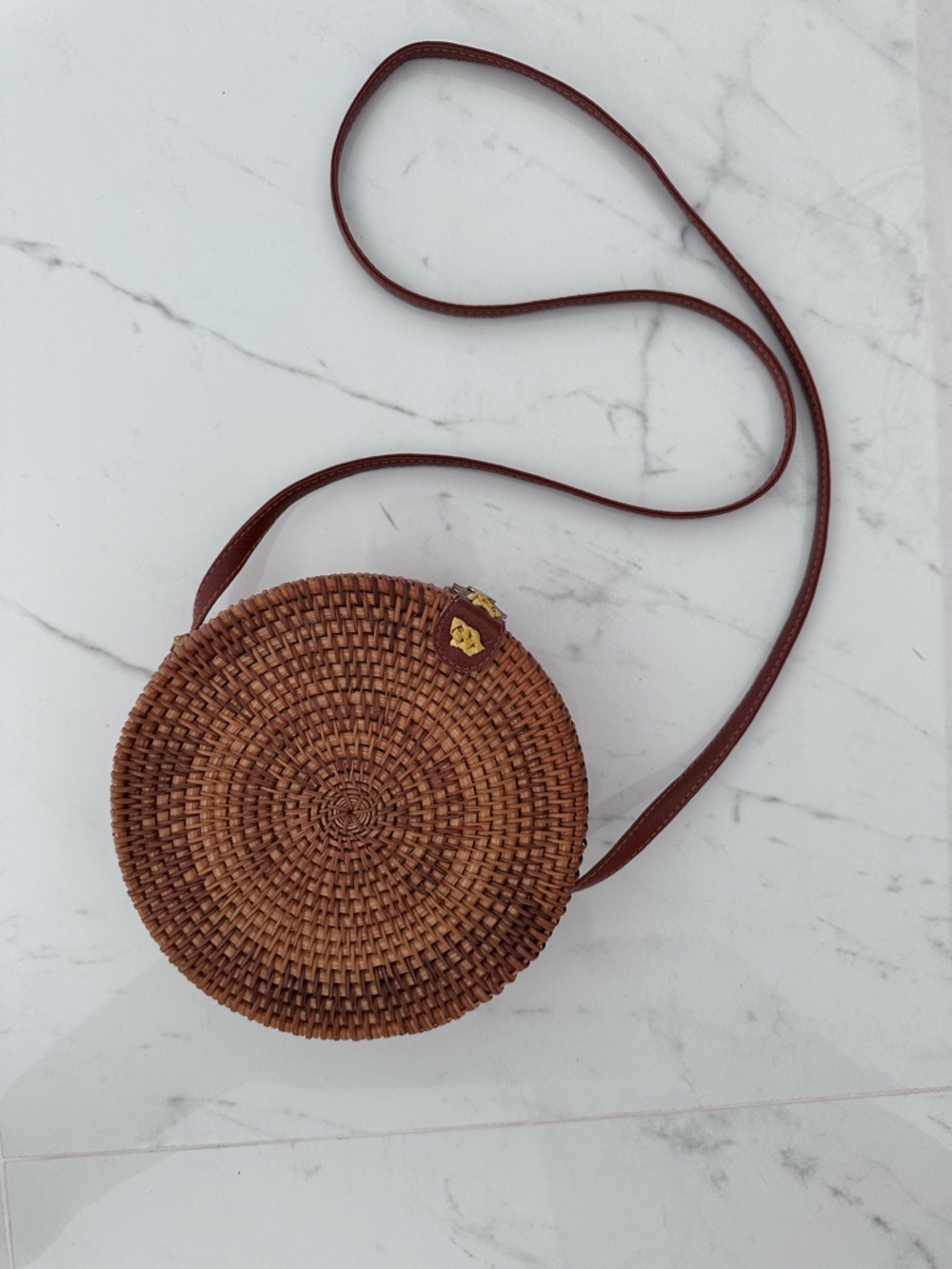 Woven Straw/Raffia & Bamboo Round Crossbody Bag - Brown • New!